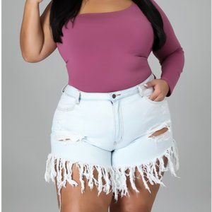 Curvy Light Denim Fringe Shorts